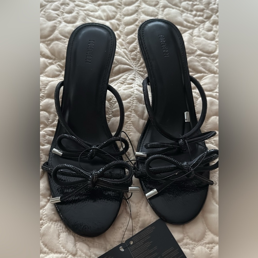 Forever 21 Black Strappy Heels with Bow Detail